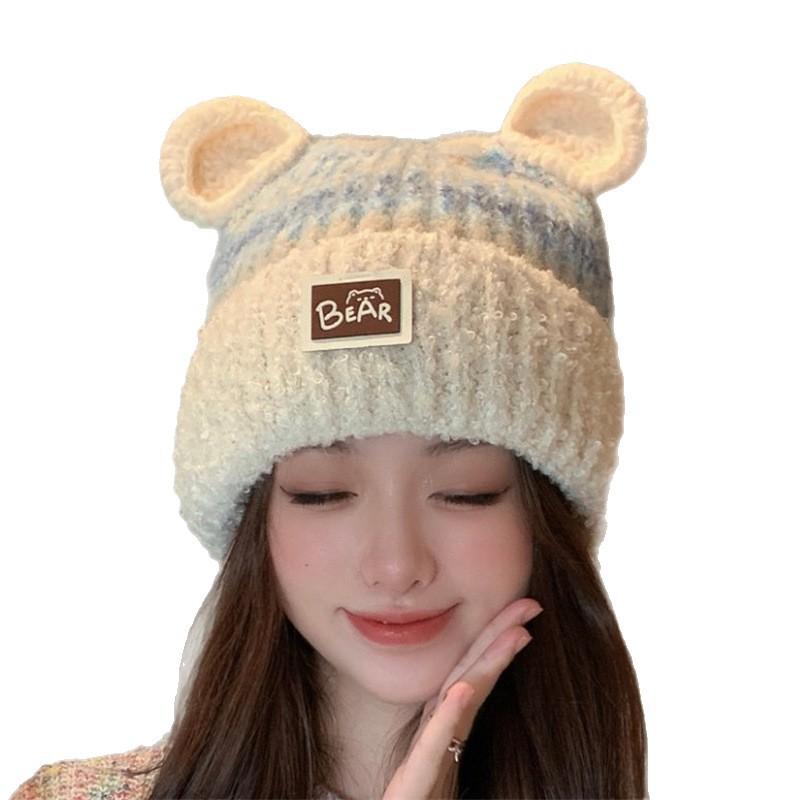Autumn and winter new sweet and cute ears women cold and warm bear knitted hat striped ear protector knitted hat
