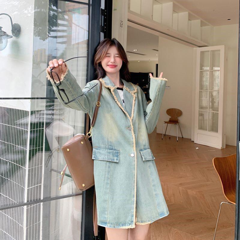 Синяя повседневная джинсовая куртка для женщин средней длины, осенний новый корейский стиль, свободный ретро-костюм