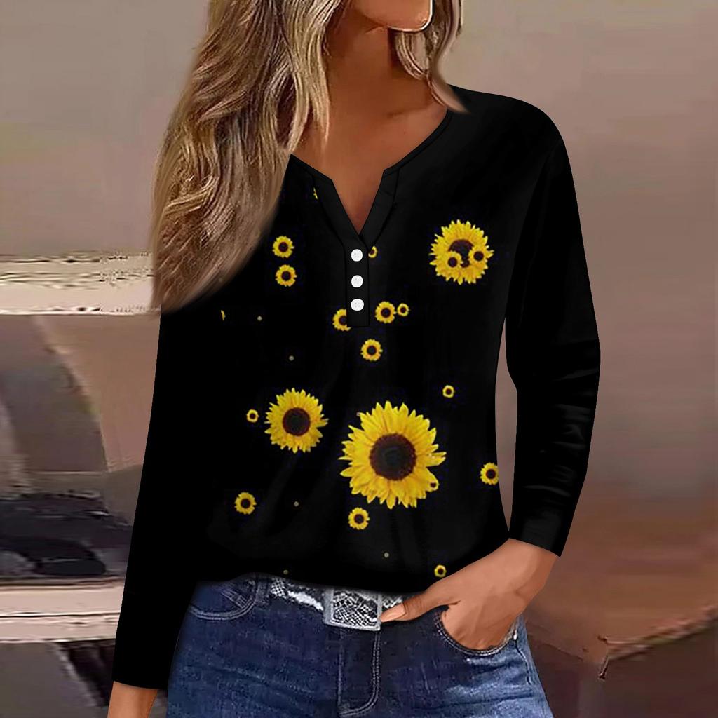 Women's T Shirt Tee Button Floral Print Long Sleeve Daily Weekend Fashion Basic V-Neck Regular Top