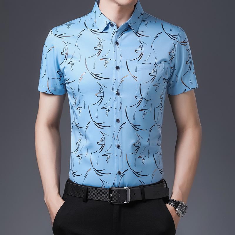 Мужская рубашка в стиле business casual с принтом и коротким рукавом - Отложной воротник, Модные стили для среднего и молодого возраста