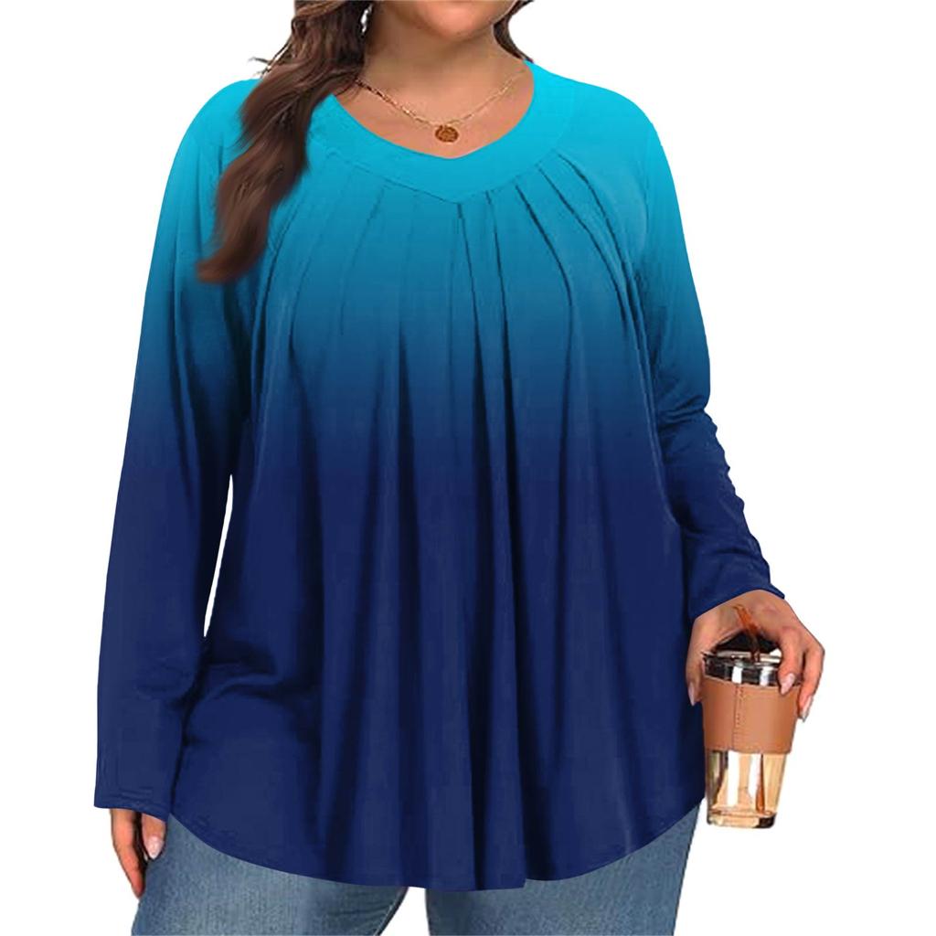 Women's Plus Size Fashion  Printed Casual Pleated Round Neck Long Sleeve Top