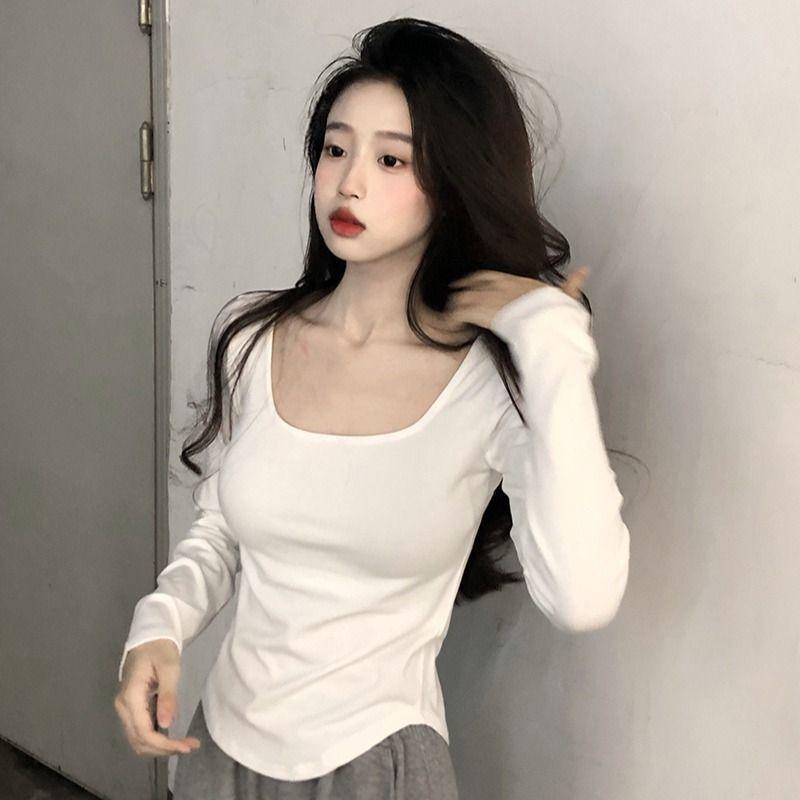 Женская новая блузка с квадратным вырезом и длинными рукавами, весна-лето, футболка с открытыми плечами, большой размер, однотонная рубашка