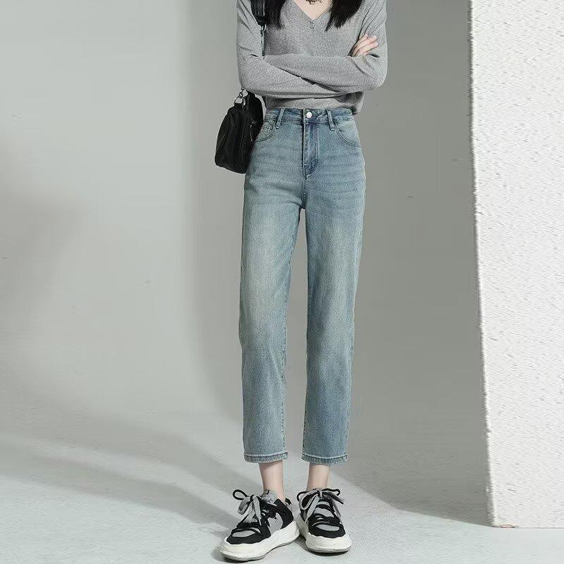 Женские джинсы-сигареты однотонные с высокой посадкой, Осень 2024