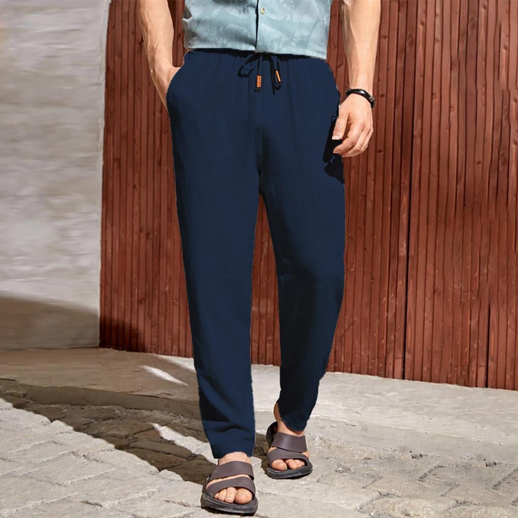 Новые европейские и американские мужские повседневные брюки из хлопка и льна с завязками