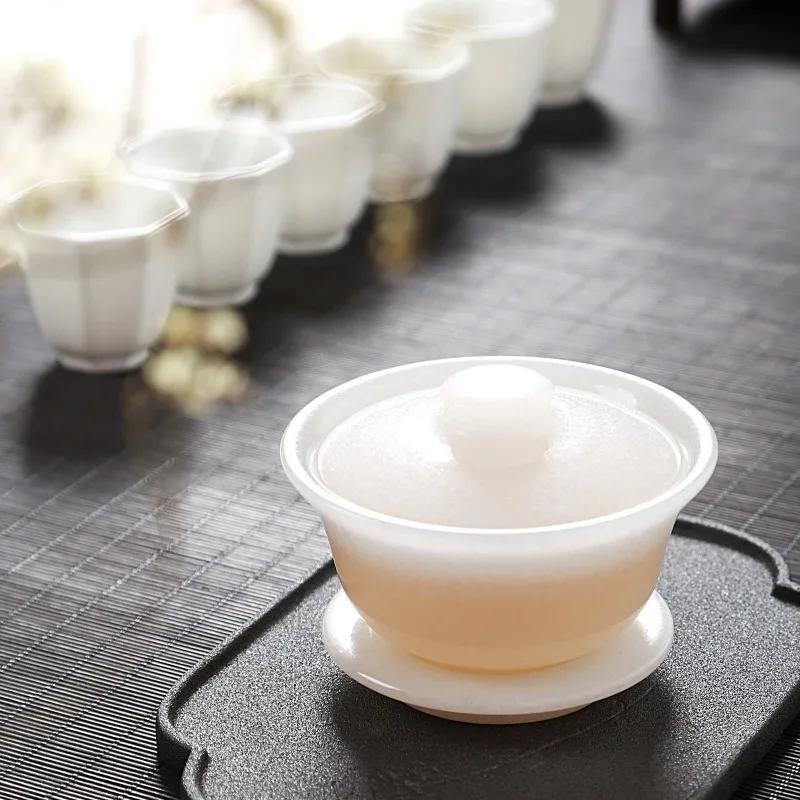 Натуральный нефрит Gaiwan Health Чайная посуда Gongfu Натуральный китайский нефритовый камень Чаша Крышка Чашки Китайская чайная церемония Кунг-фу Чайный сервиз
