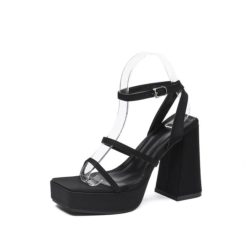 Женские босоножки с ремешком на щиколотке, квадратный носок, платформа, толстый высокий каблук с пряжкой, пикантная женская модная обувь, летняя персиково-черная обувь 42