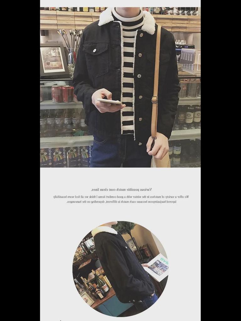 Мужская зимняя куртка из плотного денима в стиле ретро с меховым воротником и подкладкой из овечьей шерсти