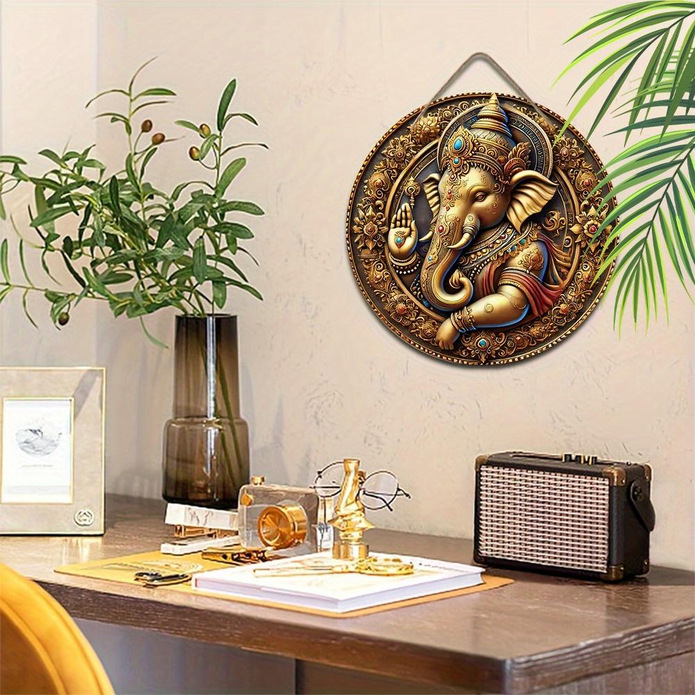 Wooden Ganesha Wall Hanging, Classic 2D Elephant-Headed God with Floral Design, for Door, Wall, Home, Room, Farmhouse, Street, Shop, Garage, Garden