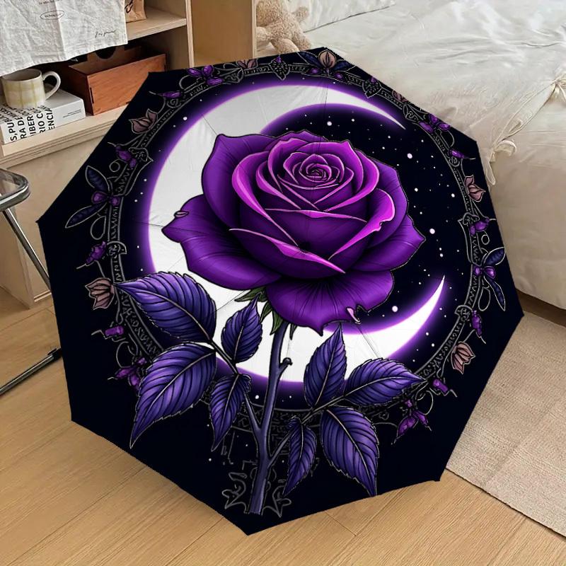1PC Rose Moon Umbrella-8-Rib Reinforced, Automatic Open, Lightweight & Durable, Cute Fashion Accessory for Outdoor-W9242