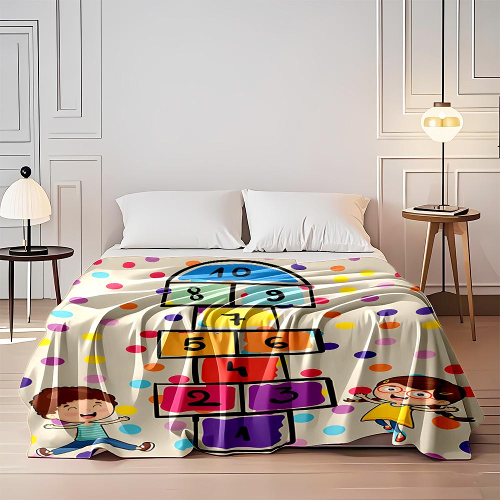 Colorful Hopscotch Game with Kids Illustration Flannel blanket for bedroom, living room, sofa, and nap sofas.