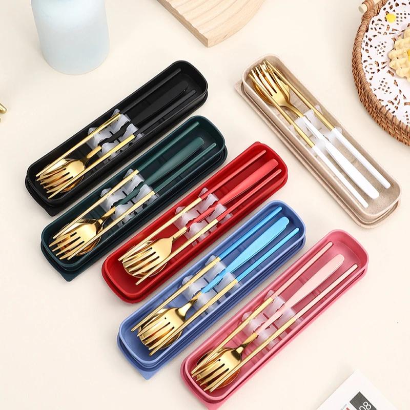 Набор столовых приборов из нержавеющей стали, простая переносная посуда, набор палочек для еды, ложек и вилок с футляром, наборы столовых приборов, кухонные принадлежности
