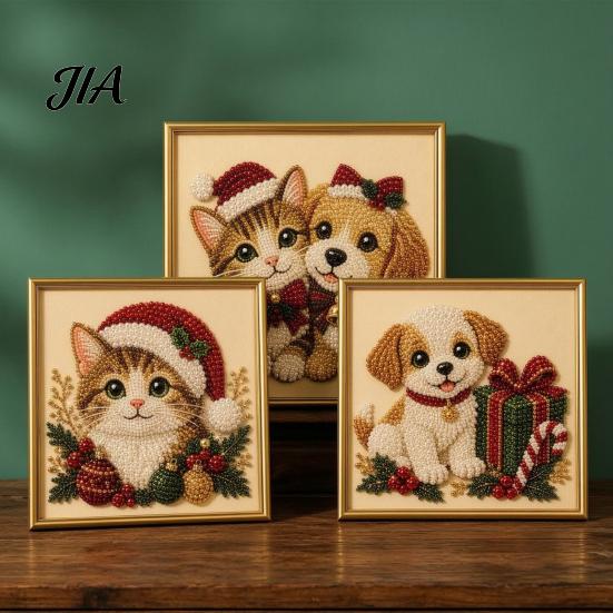 Fun Creative Hobbies for Adults Christmas Faux Pearl Art Kit, Xmas Hat Cat Dog Painting DIY Festive Handmade Seasonal Decorations 3D Puppy Bead Craft