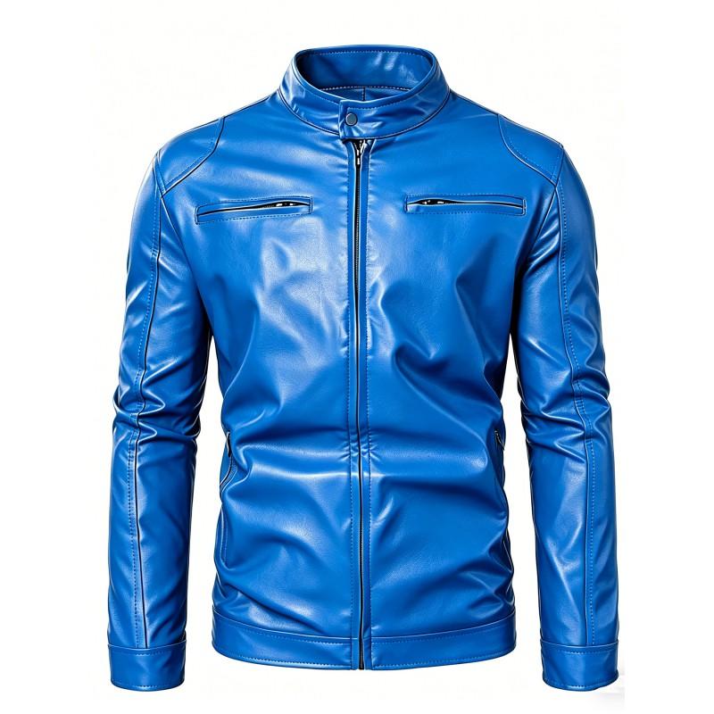 Mens PU Leather Biker Jacket Slim Fit Stand Collar Zipper Casual Streetwear 2026
