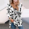Women Autumn Floral Pink Peony Printed Long Sleeve T-Shirts Loose V-Neck Plus Size Tee Shirt Tops Comfy Blouse