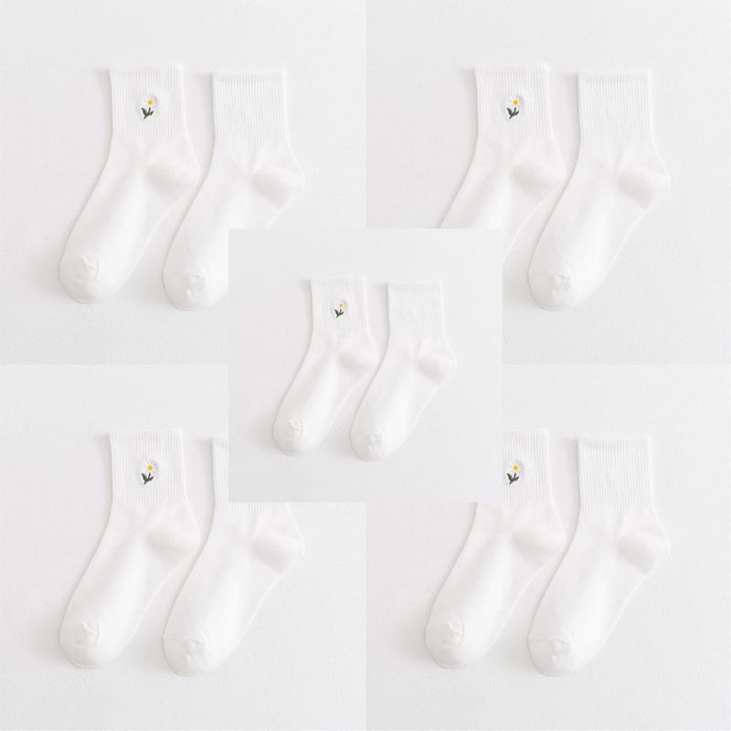 5 пар осенне-зимних женских вышитых носков средней длины из хлопка, однотонные модные удобные женские носки