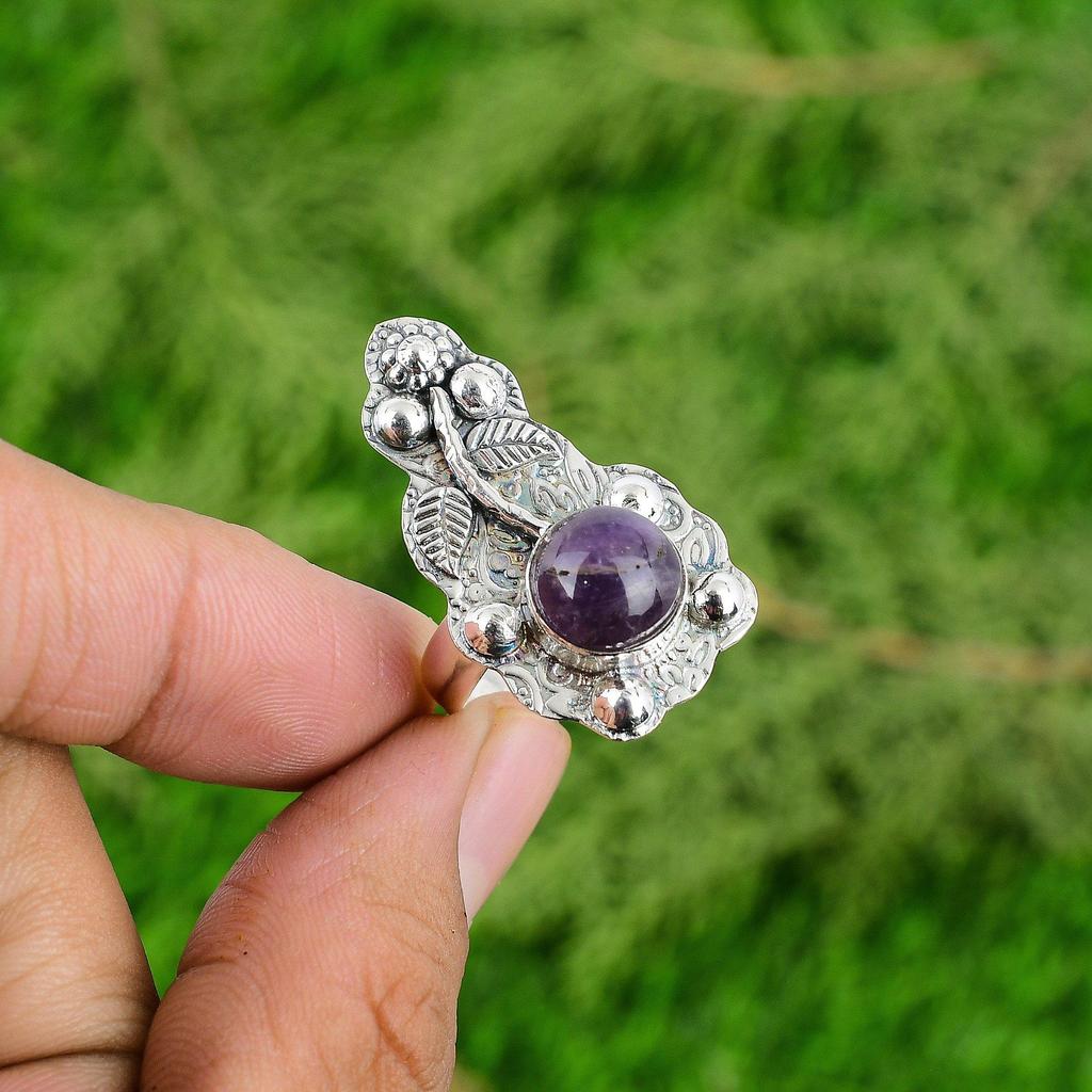 925 Sterling Silver Natural African Amethyst Sister Stackable Trendy Flower Ring