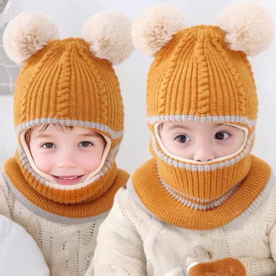 Детская шапка с плюшевыми помпонами, утолщенная вязаная шапка 3-в-1, шапка-шарф-маска, головной убор, эластичная посадка, ветрозащитная шапка