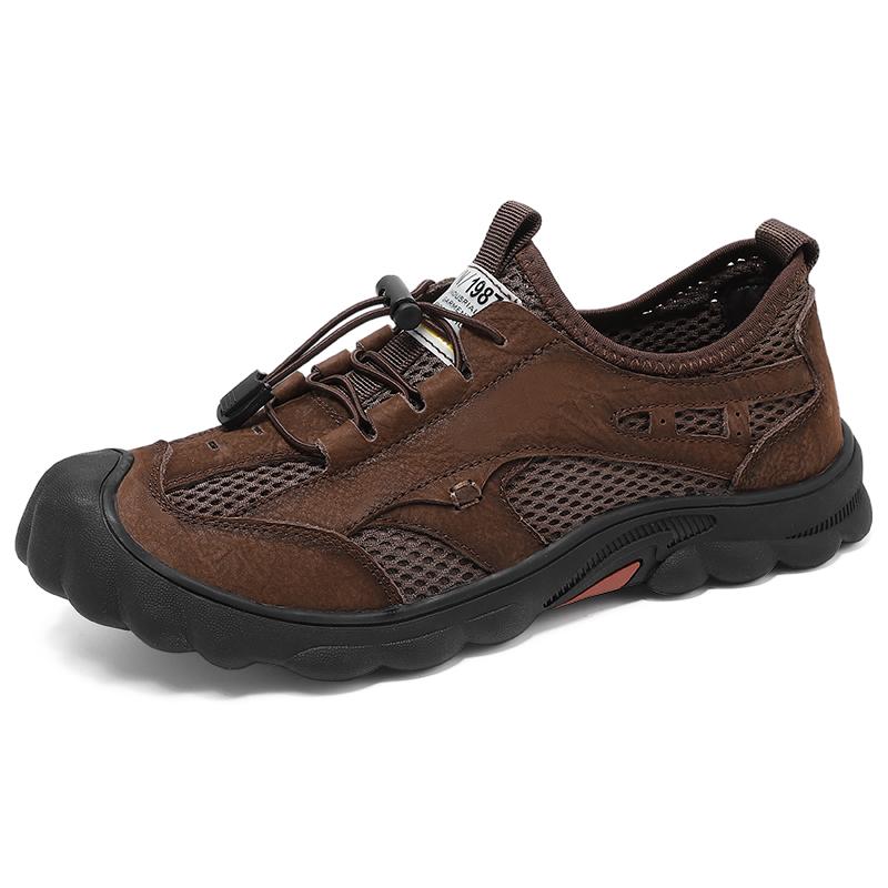 Нескользящие мужские походные туфли из натуральной кожи, дышащие мужские повседневные кроссовки со шнуровкой и сеткой, летняя обувь для активного отдыха