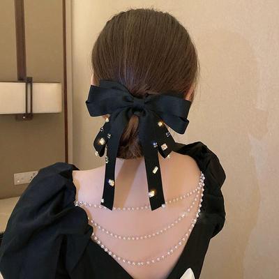 Черная атласная заколка-бантик: Элегантная большая заколка для хвоста для женщин