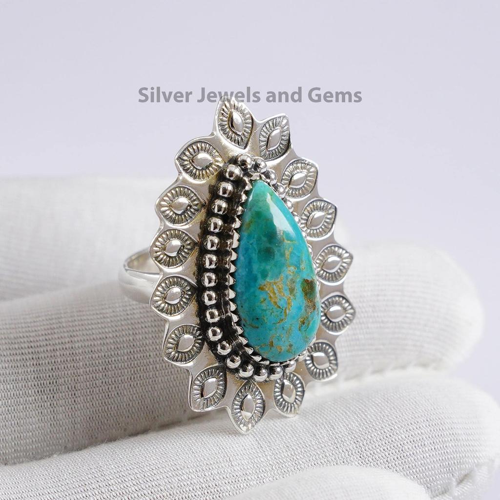 Natural Turquoise Ring, Navajo Ring, 925 Sterling Silver Ring, Teardrop Boho Ring, Gift for Wife, Handmade Birthstone Ring