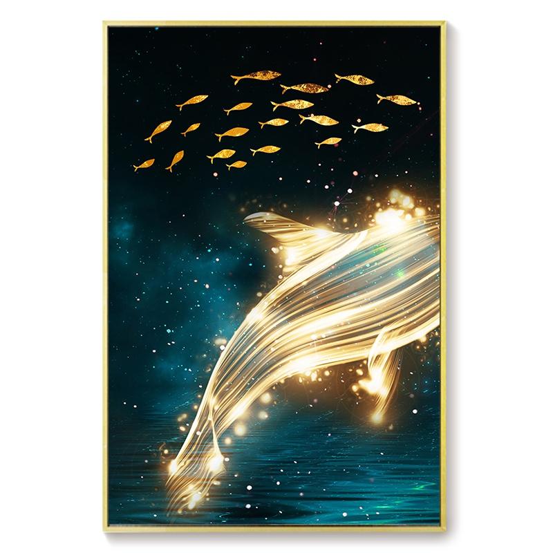 Набор из 3 синих абстрактных картин с изображением океана, золотого кита и рыбы, роскошная гостиная, проход, украшение для дома, настенная живопись, картина на холсте, постер, живопись