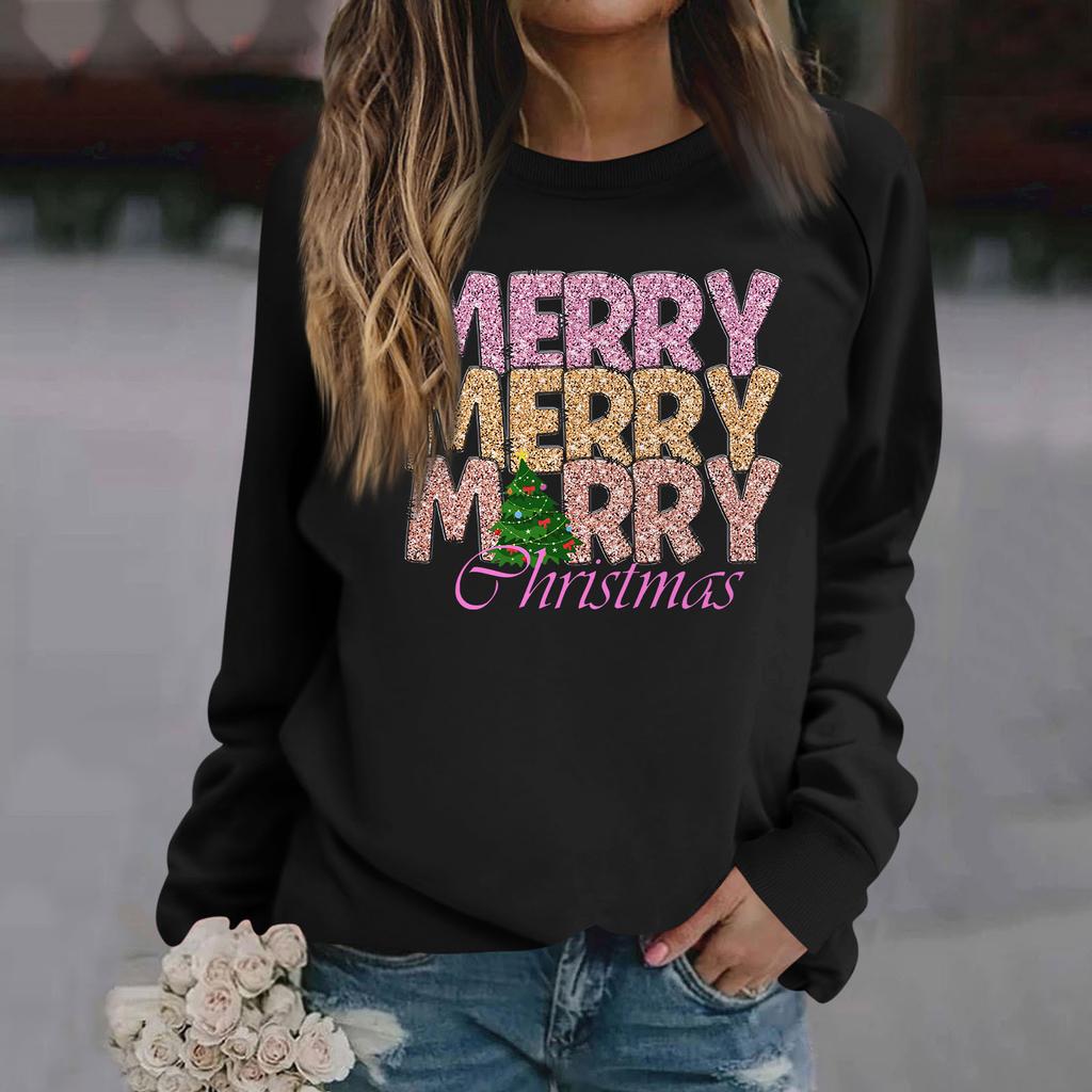 Женские футболки, свободные, модные и повседневные толстовки с круглым вырезом и длинными рукавами с рождественским принтом