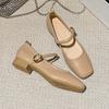 Soft Leather Single Shoes Women's Spring Style Shallow Mouth Square Head Thick Heel One-word Buckle Mary Jane Shoes Square Head Grandma Shoes