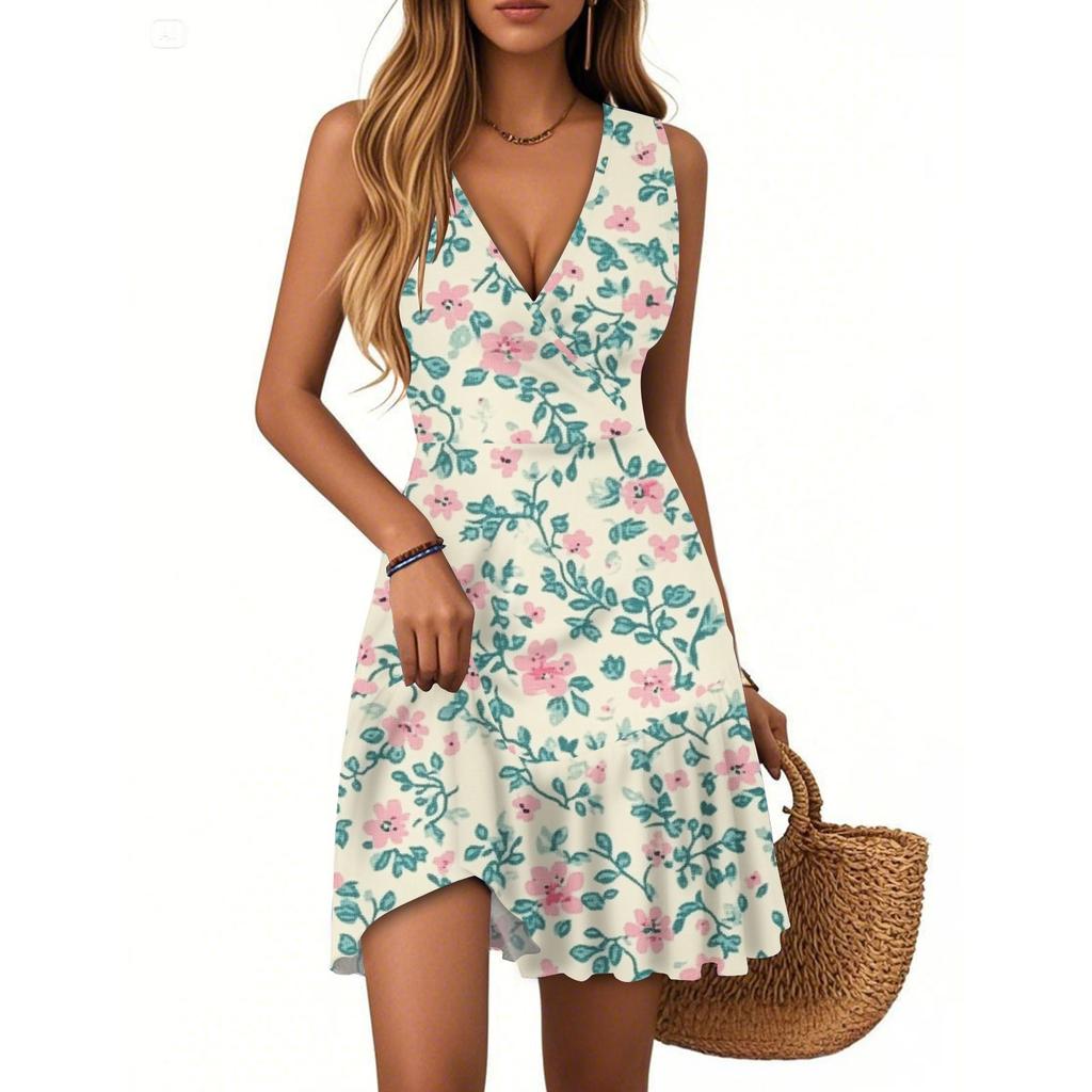 Women's Dress V-neck Sleeveless Casual Floral Print Hem Pleated Dress