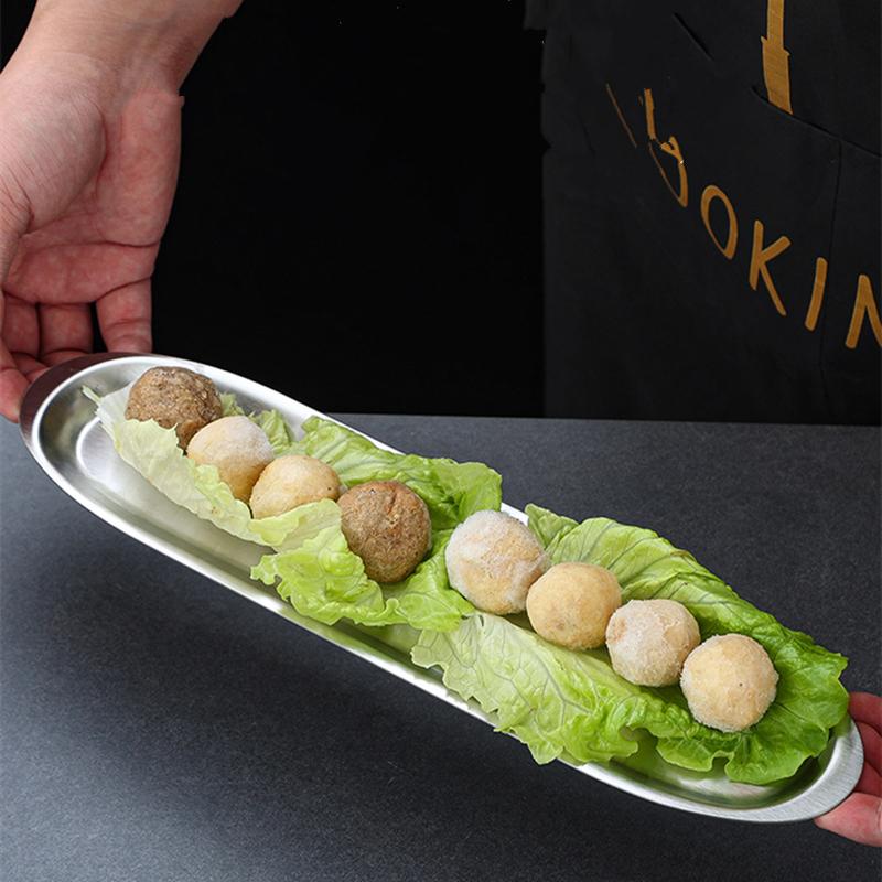 Утолщенный поднос для хранения продуктов из нержавеющей стали, овальные сервировочные тарелки, длинные говяжьи шарики, презентационные блюда для барбекю, кухонные принадлежности