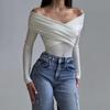 European and American Spring and Autumn Temperament Fashion V-neck Off Shoulder Patchwork Long Sleeved Slim Fit Versatile Jumpsuit