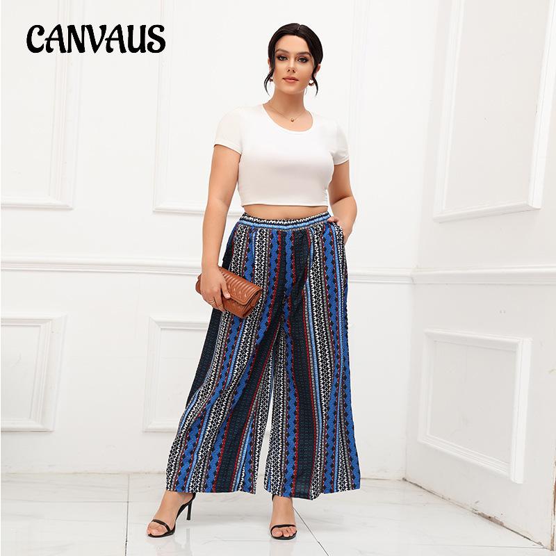Summer Women's Pants Plus Size Wide Leg Pants Bohemian Style Striped Blue Elastic Waist Pants Seaside Vacation Beach Pants