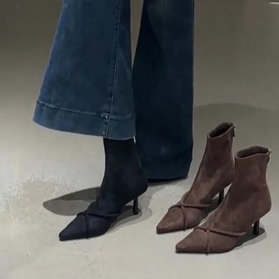 Винтажные женские ботильоны Модные туфли на тонком высоком каблуке с острым носком для вечеринки, выпускного вечера, эластичные облегающие ботильоны для женщин