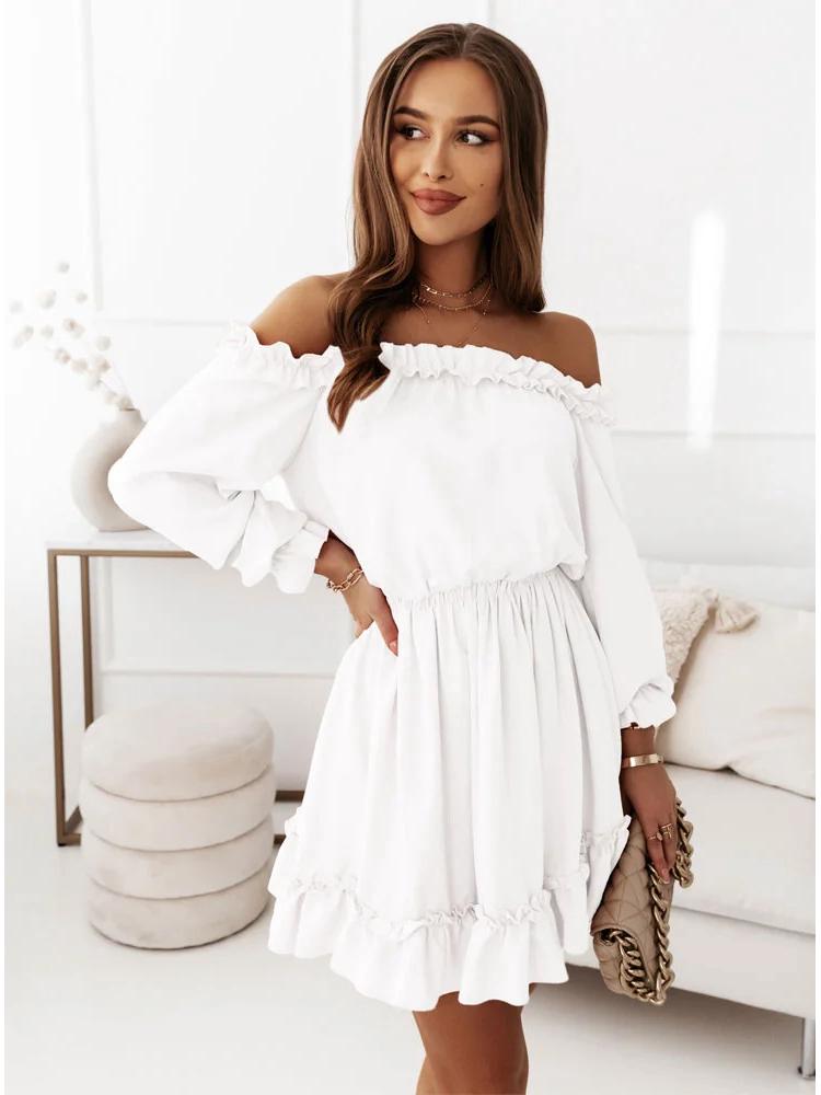 2022 Spring/Summer Women's Off-the-Shoulder Casual Solid Color Waist-Gathering Dress