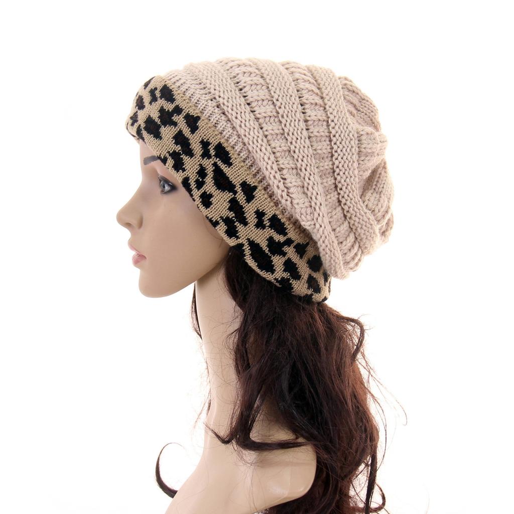 Womens Unisex Knit Winter Thick Leopard Fleece Lined Warm Hats