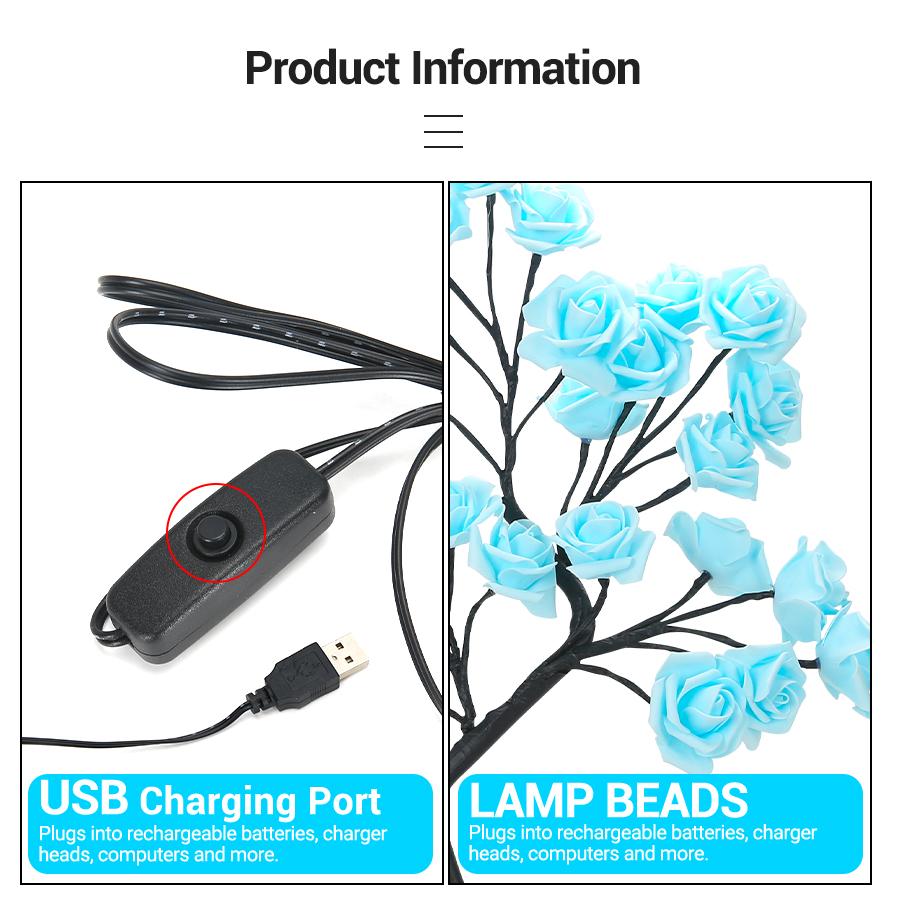 Светодиодная настольная лампа в виде розового дерева с питанием от USB, искусственный цветок, ночник для спальни, гостиной, вечеринки, свадьбы, Дня святого Валентина