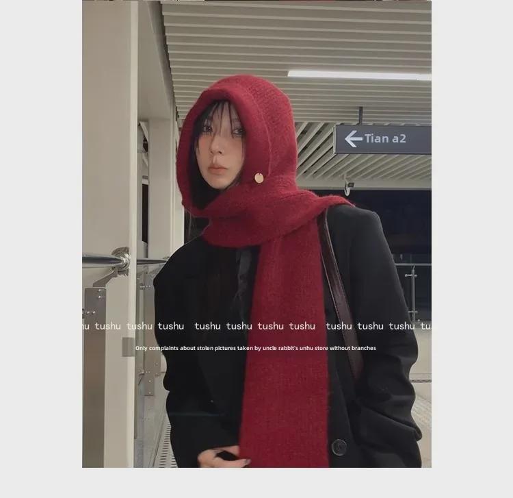 Высококачественная красная шерстяная шапка-балаклава для женщин с защитой ушей и шарфом