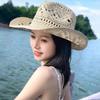 Curled Western Cowboy Cap Woven Sun Hat Vintage Hollow Straw Hat Women Men