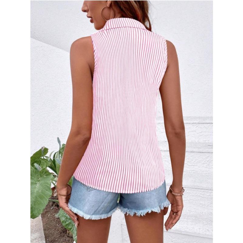 JKASHDK Женская Мода Повседневные Летние Весенние Блузки и Рубашки Без Рукавов с Поло-Воротником в Полоску
