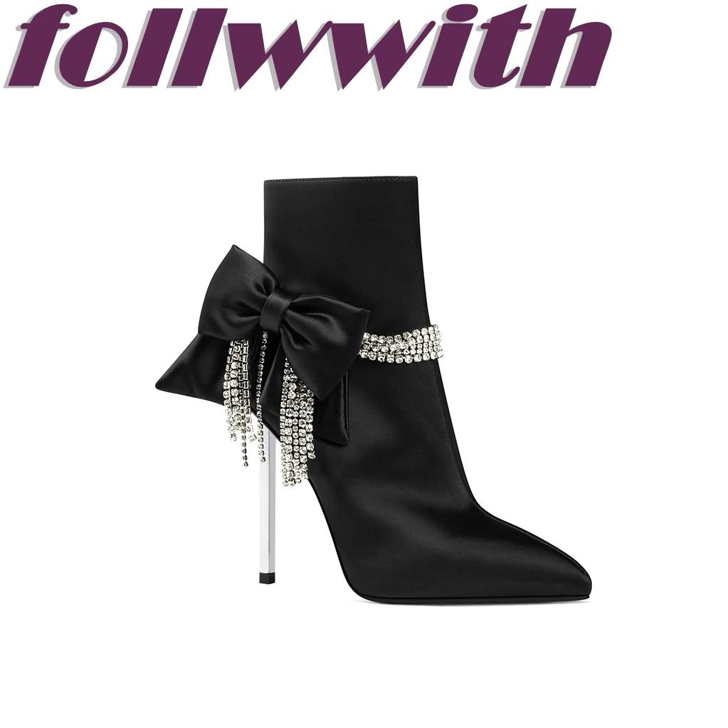 Шелковый бант, стразы, ботинки на молнии сбоку, острый носок, слипоны, шпилька, металлический каблук, платье, осень, новинка, женская обувь
