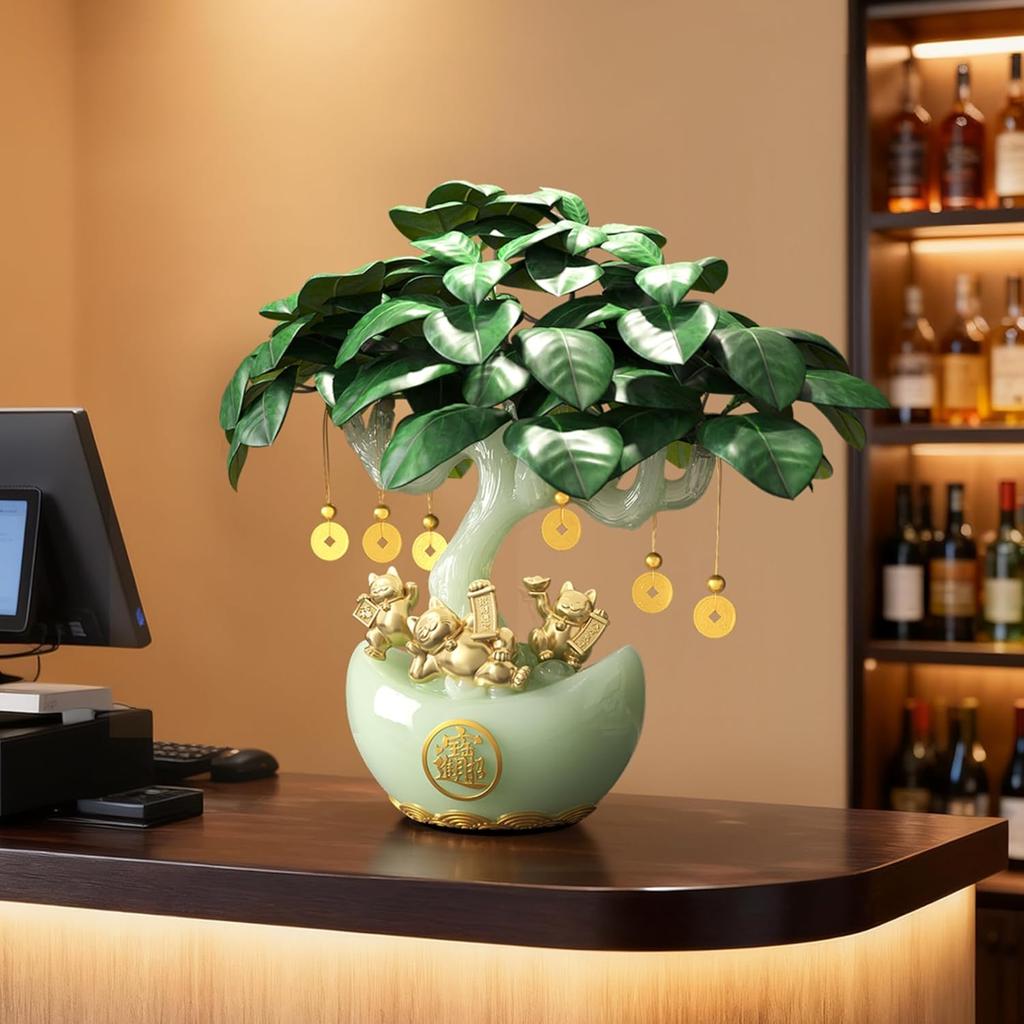 13.8" Chinese Money Tree with Synthetic Jade Base, Artificial Tree Feng Shui Wealth Decor with Golden Fortune Cat, Yuanbao Flower Pot & Coin Pendant