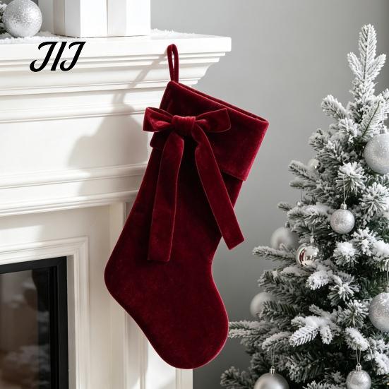 Candy Gift Holders 19 Inch Velvet Christmas Stocking with Bow, Soft Large Fireplace Hanging Tree Ornaments Sock Plush Cuff for Mantel, Holiday