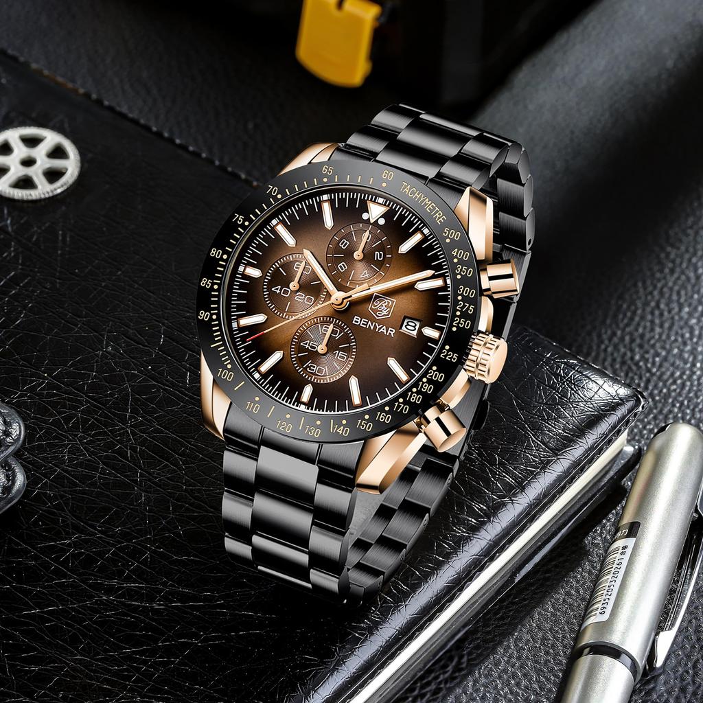 BY BENYAR Chronograph Analog 30M Water Leather Strap Quartz Perfect Gift for Men Men's Watch, Resistant, Simple, Stylish, Popular, Formal, Movement,