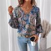 European and American Elegant Women's V-neck Printed Balloon Sleeve Shirt Top Women's Clothing