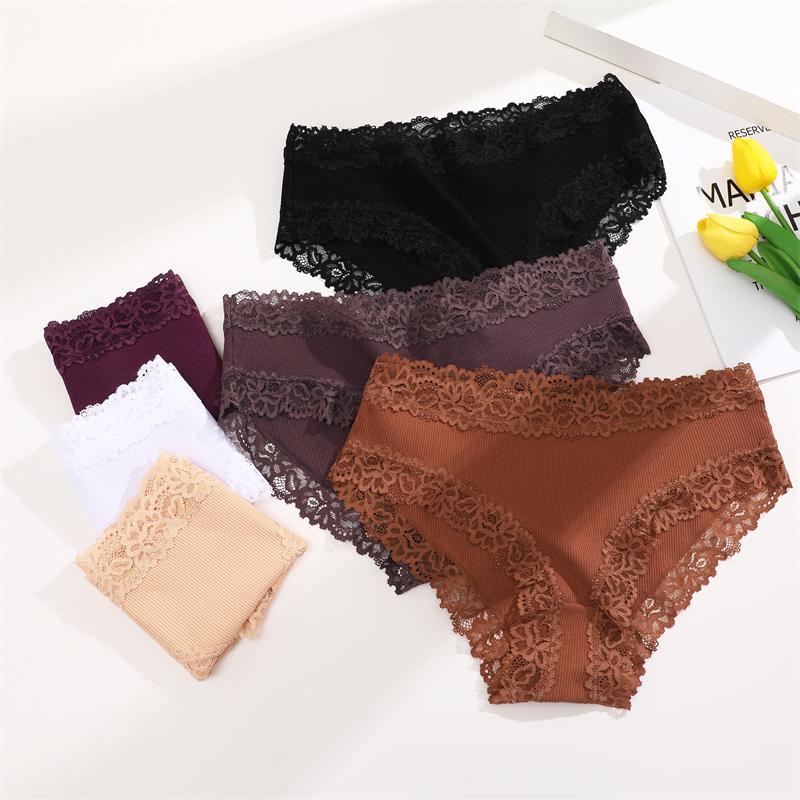 3Pcs Cotton Ribbed Striped Underwear for Women Sexy Lace Floral Panties Comfortable Low-Waist Briefs Female Solid Soft Lingerie