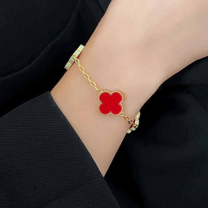 Hand Circumference 20cm Pink Fritillary Four-leaf Clover Bracelet Women's 18K Gold Niche Light Luxury