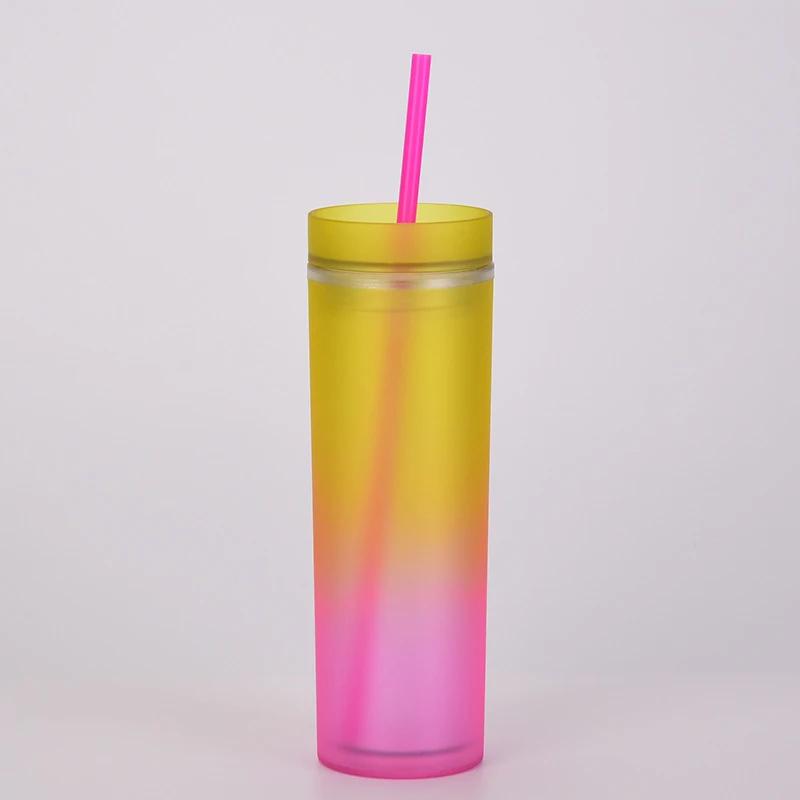 16 унций градиент радуга узкий пластиковый стакан бутылки для воды прямая чашка двухслойная радуга градиент чашка с соломинкой