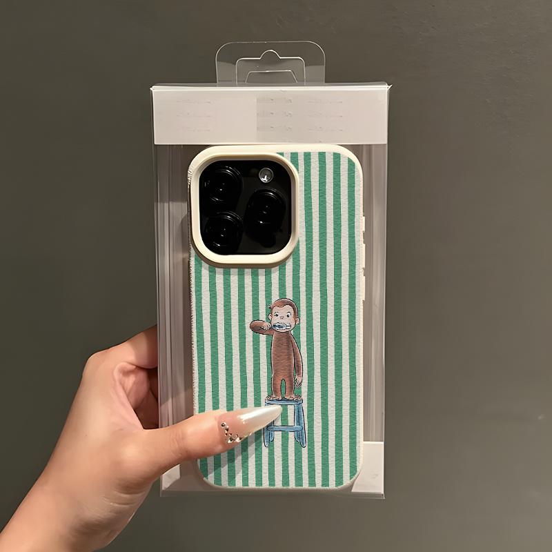 Green Striped Toothbrush Monkey Leather Texture Phone Case for iPhone 17 16 15 14 13 12 11 Pro Max Plus Protective Cover