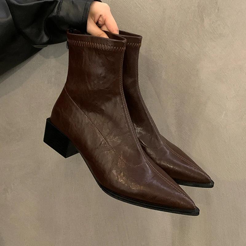 Массивные ботильоны женские остроносые туфли на среднем каблуке женские 2024 тренд зима новые готические челси снежные ботинки женские мотоциклетные ботинки