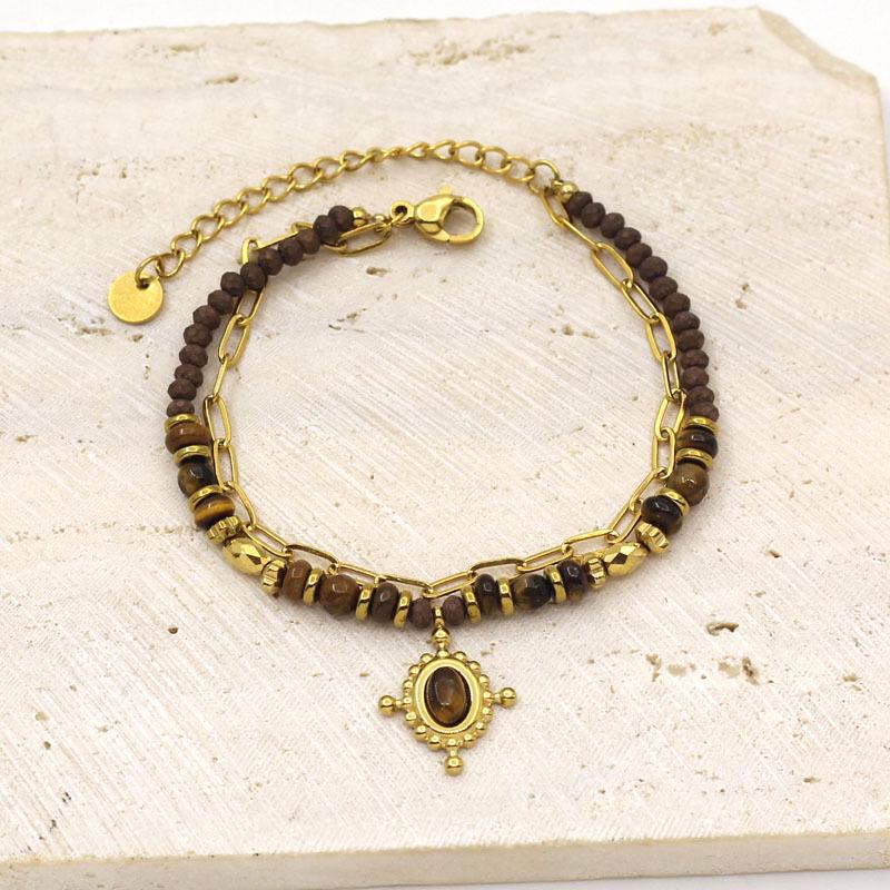 Gold Plated Stainless Steel Tiger Eye & Crushed Stone Beaded Bracelet for Women - Retro Luxury Jewelry