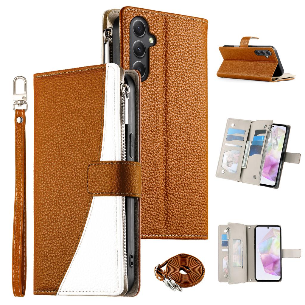 For Samsung Galaxy A35 5G Case Zipper Wallet Color Splicing Leather Flip Phone Cover with Straps